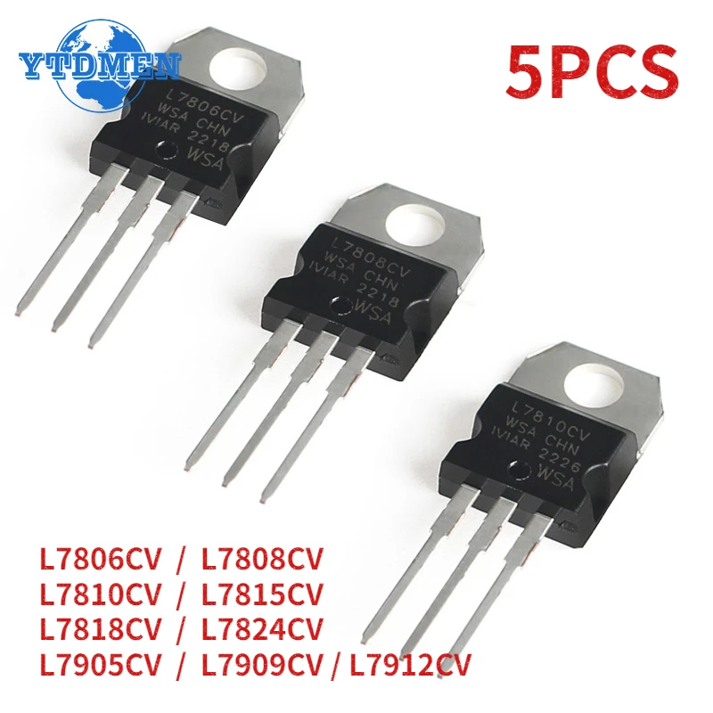 5 uds regulador de voltaje TO-220 L7806CV L7808CV L7810CV L7815CV L7818CV L7824CV L7905CV L7909CV L7912CV Kit de circuitos integrados IC