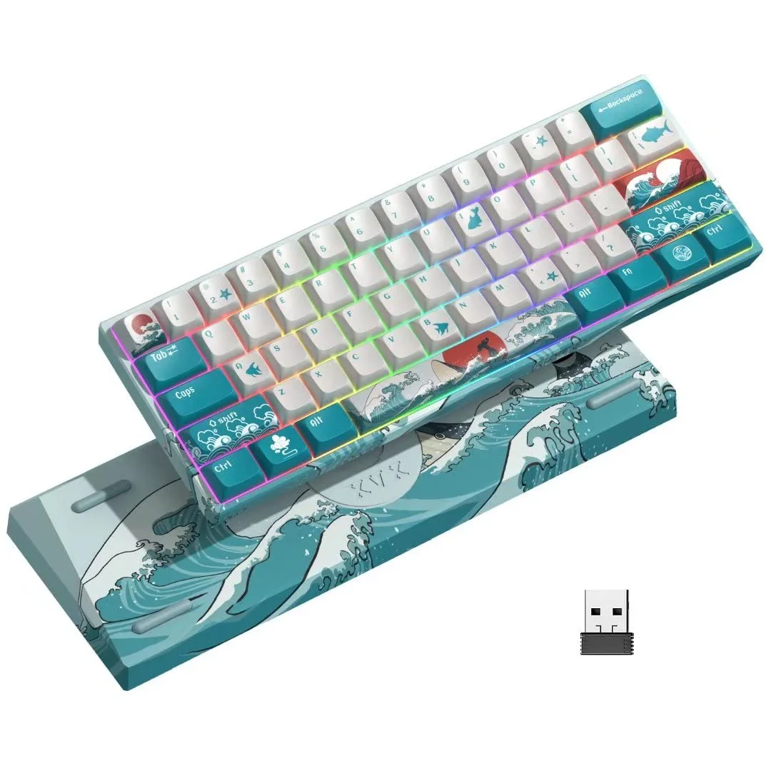 XVX M61 Teclado inalámbrico para juegos recargable 2,4G Teclado mecánico ergonómico retroiluminado RGB para Windows Mac PC Mini Coral Sea