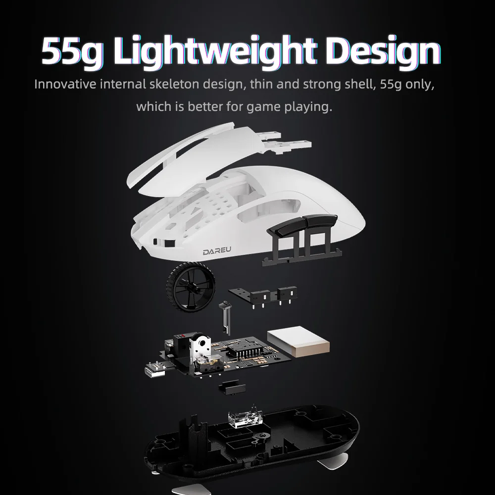 DAREU-ratón PBT inalámbrico con cable, 4KHz, trimododo, 2,4G, PAW3395, 26000 DPI, RGB, 6 botones programables, recargable para PC, portátil y Gamer - imagen 4