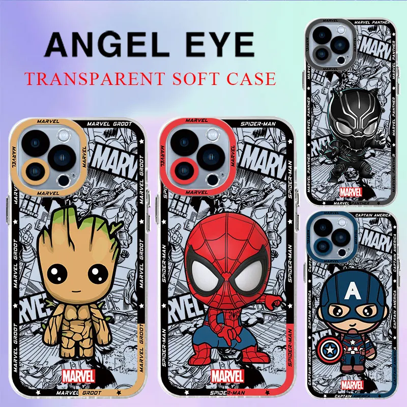 Funda de teléfono con dibujos de Marvel Groot Spiderman para iPhone 8 15 Plus 14 Pro 12 Mini XR SE X XS 13 Pro Max 11 7 6s
