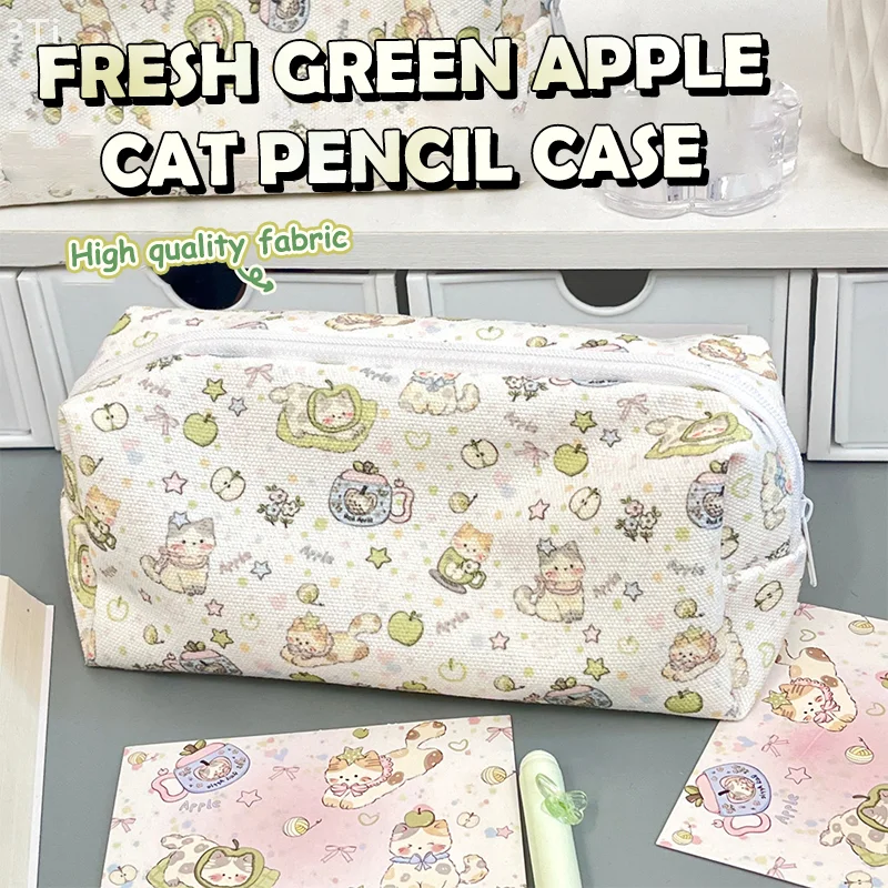 Estuche para lápices con estampado de gato bonito, bolsa para lápices con gatito de dibujos animados, bolsas de maquillaje, bolsa de almacenamiento de papelería de gran capacidad, suministros escolares para estudiantes