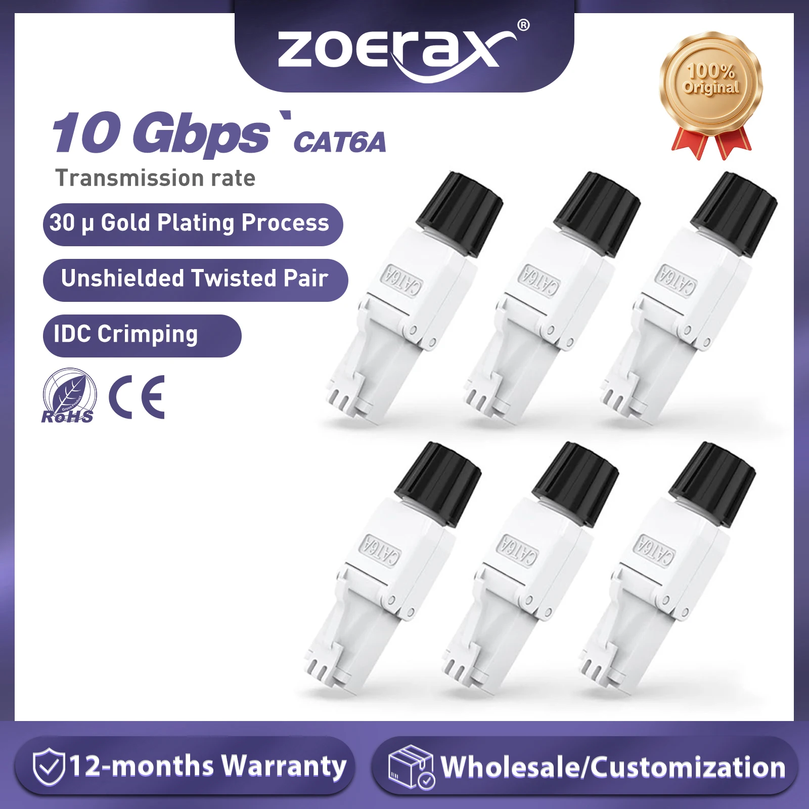 Conector ZoeRax Cat6A Cat6 RJ45 sin herramientas, enchufe Modular de terminación de campo UTP Cat 6a para Cable Ethernet sin blindaje 23-26 AWG - imagen 2
