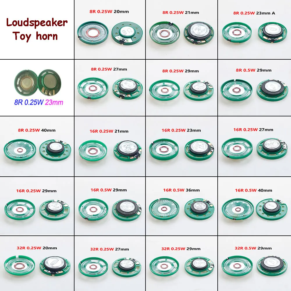 Altavoz de bocina 8R, 16R, 32R, 20mm, 21mm, 23mm, 27mm, 29mm, 36mm, 40mm de diámetro, 2 piezas, 8Ohm, 0,25 W, 0,5 W