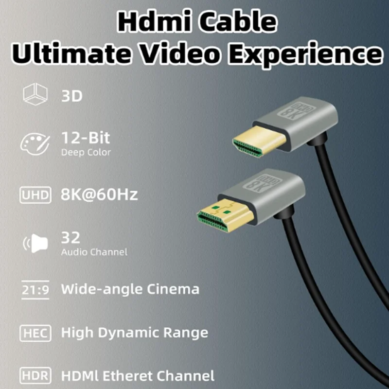 Hasta abajo izquierda derecha 8K compatible con HDMI 2,1 90 grados 48Gbps Cable HDMI macho a macho de alta velocidad para 4K @ 120Hz 8K @ 60Hz 2K @ 240Hz - imagen 5