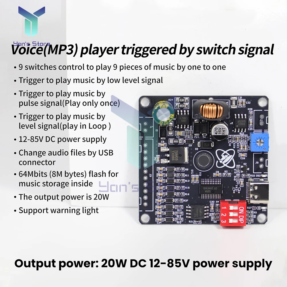 Módulo de Audio DY-HF20W, disparador independiente de 9 vías, reproductor MP3/WAV, voltaje amplio de 20W, 12-85VDC, módulo de sonido personalizable USB - imagen 3