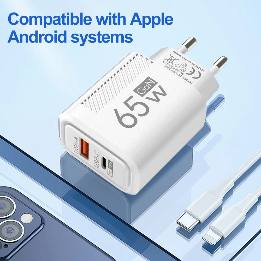 Cargador USB C GAN de 65W, carga rápida, cargador de alta velocidad para iPhone, Xiaomi, Samsung, adaptador de cargador de teléfono móvil USB C - imagen 4