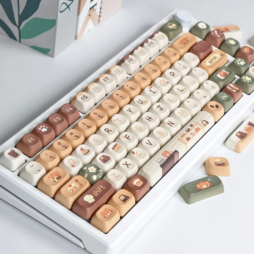 Juego de teclas de café Panda rojo, perfil MOA, dibujos animados, bonitos teclas personalizadas para teclado mecánico, sublimación PBT, Retro, amarillo y marrón - imagen 3