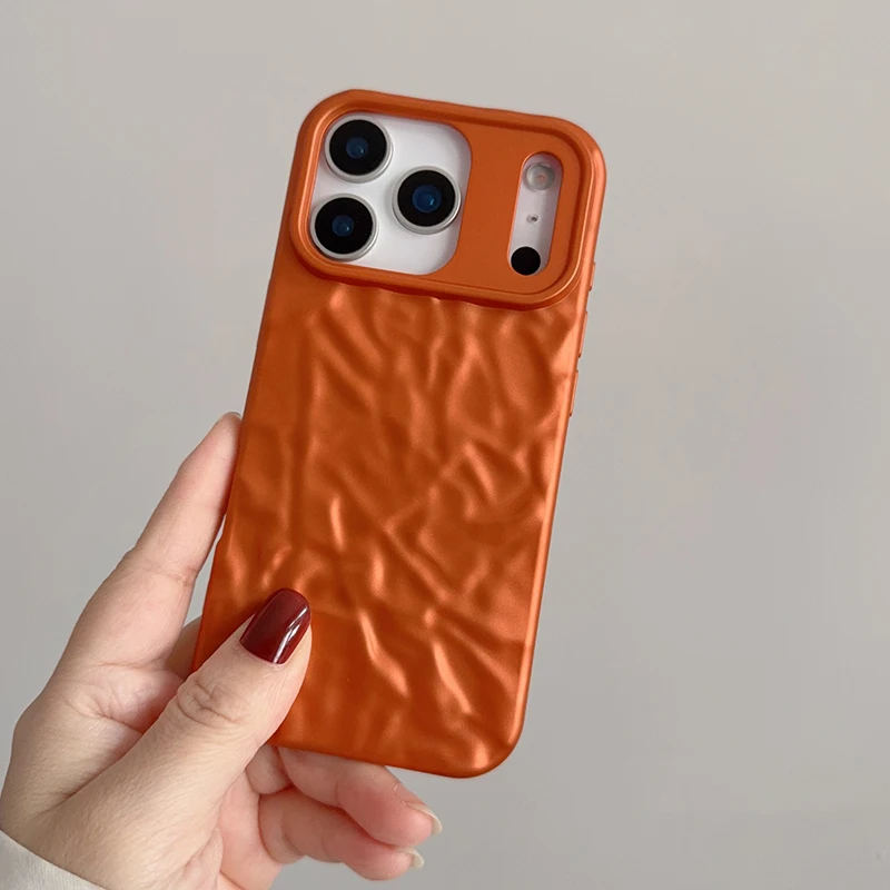 Popular funda de teléfono con textura de pliegues de papel de aluminio mate naranja cósmico para iPhone 17 Pro Max 16 15 14 13 funda trasera con patrón de meteorito de aire - imagen 2