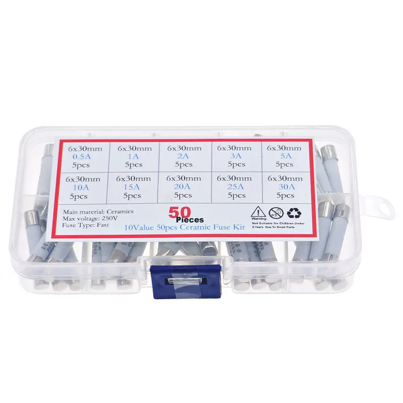 50 Uds 6mm * 30mm 250V kit surtido de tubos de fusible cerámico de soplado rápido paquete mixto 0.5A 1A 2A 3A 5A 10A 15A 20A 25A 30A - imagen 5