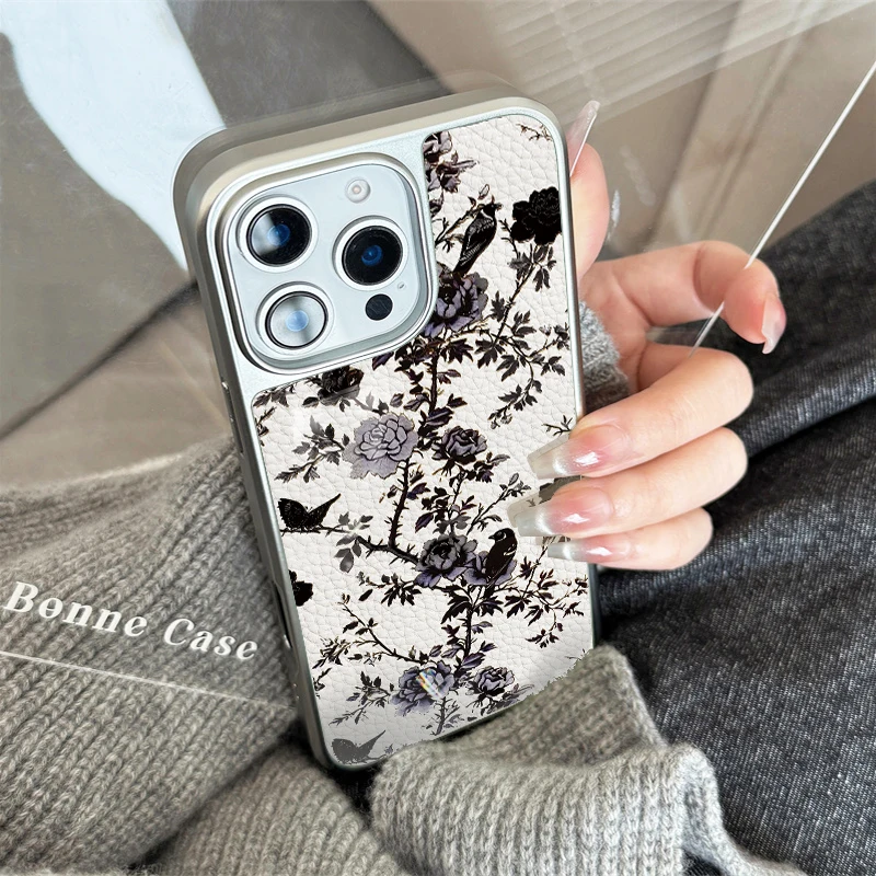 Funda de teléfono con textura de cuero y flores rosas ins para iPhone11/12/13/14/15/16/17 Pro Max AIR PLUS - imagen 3