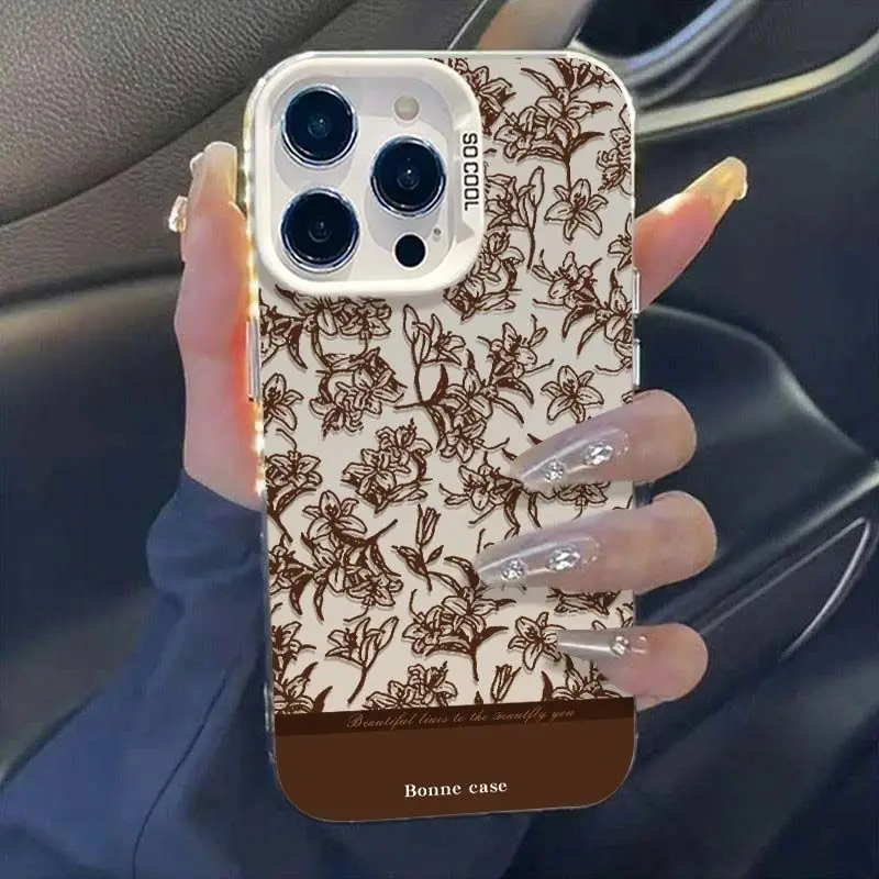 Funda de teléfono con patrón de pequeña flor y boceto marrón para iPhone 17 16 15 14 Plus 13 12 11 16E Pro Max 17 Air X XR XS, funda trasera dura - imagen 5