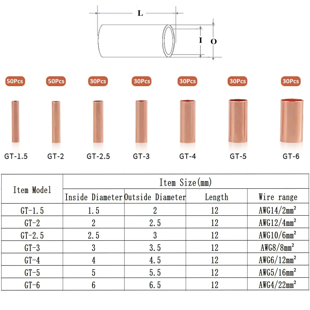 Kit de casquillos de alambre de 250 Uds., conector de engarzado de cobre de 7 tamaños, Kit surtido de terminales a tope eléctricos no aislados - imagen 3