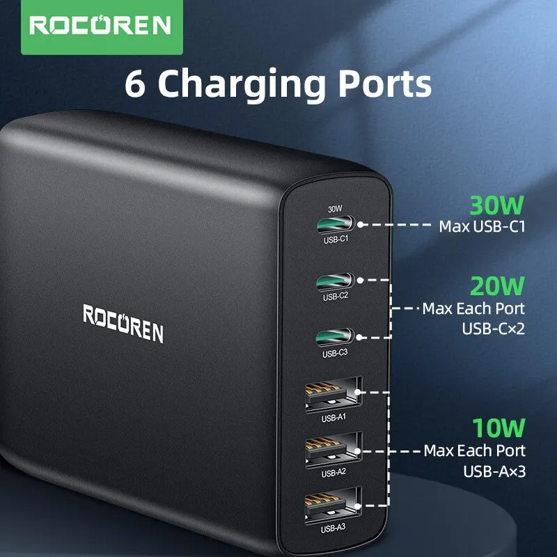 Rocoren-cargador USB tipo C de 100W, estación de carga rápida de 6 puertos, PD, para iPhone 14, 13 Pro, Xiaomi POCO - imagen 2