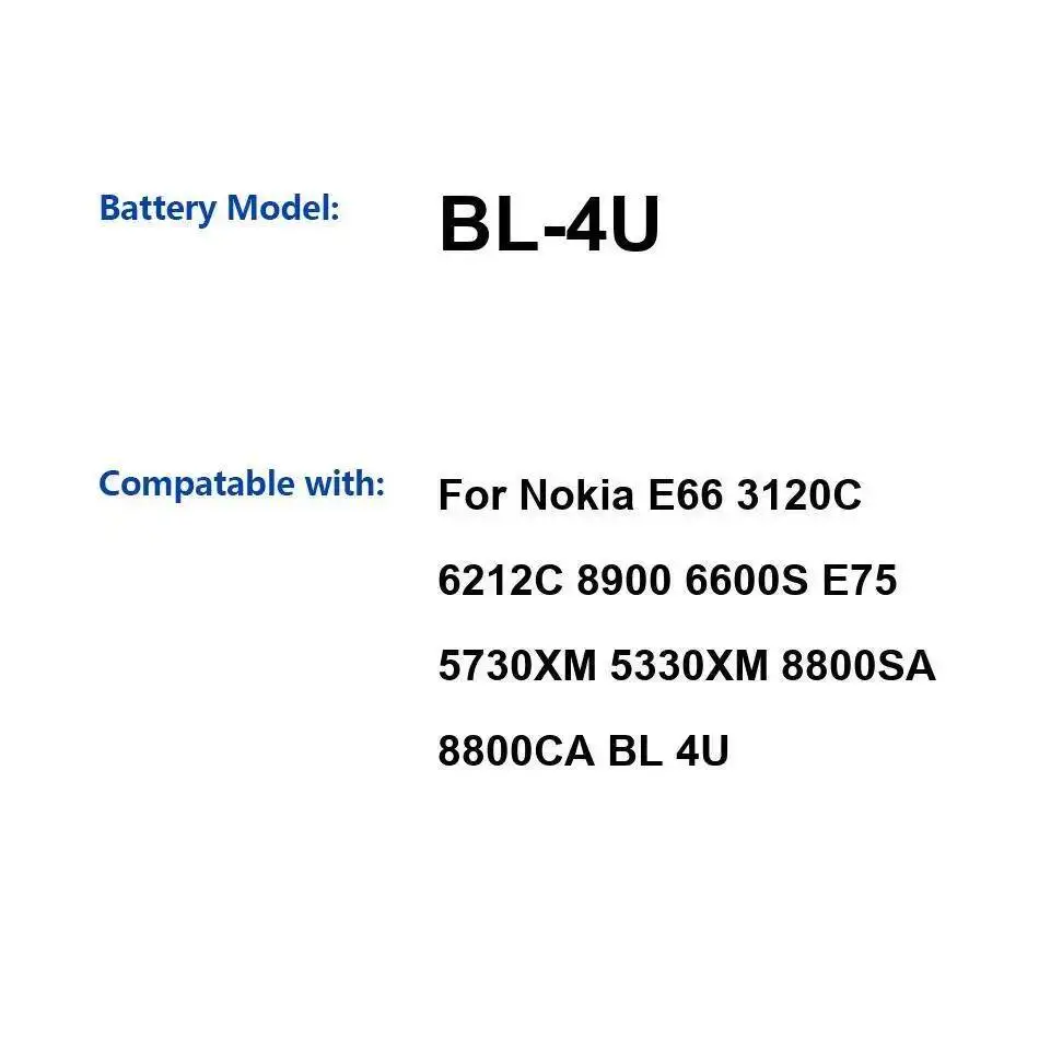 Batería de teléfono móvil BL-4U 1000Mah para Nokia E66 3120C 6212C 8900 6600S E75 5730XM 5330XM 8800SA 8800CA