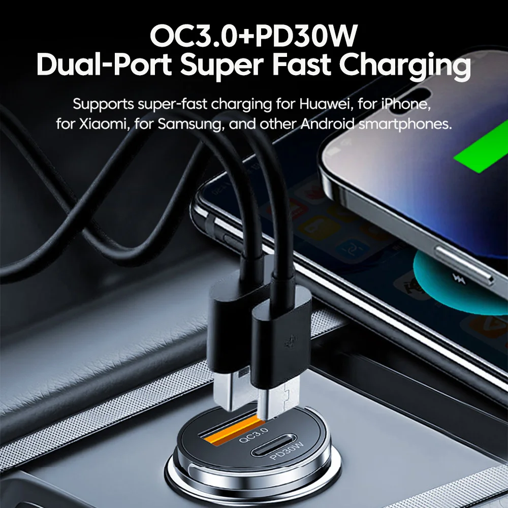 Cargador de coche PD30W QC 3,0 USB tipo C puertos duales carga súper rápida PD adaptador de cargador de teléfono de coche para iPhone Samsung Huawei Xiaomi - imagen 2