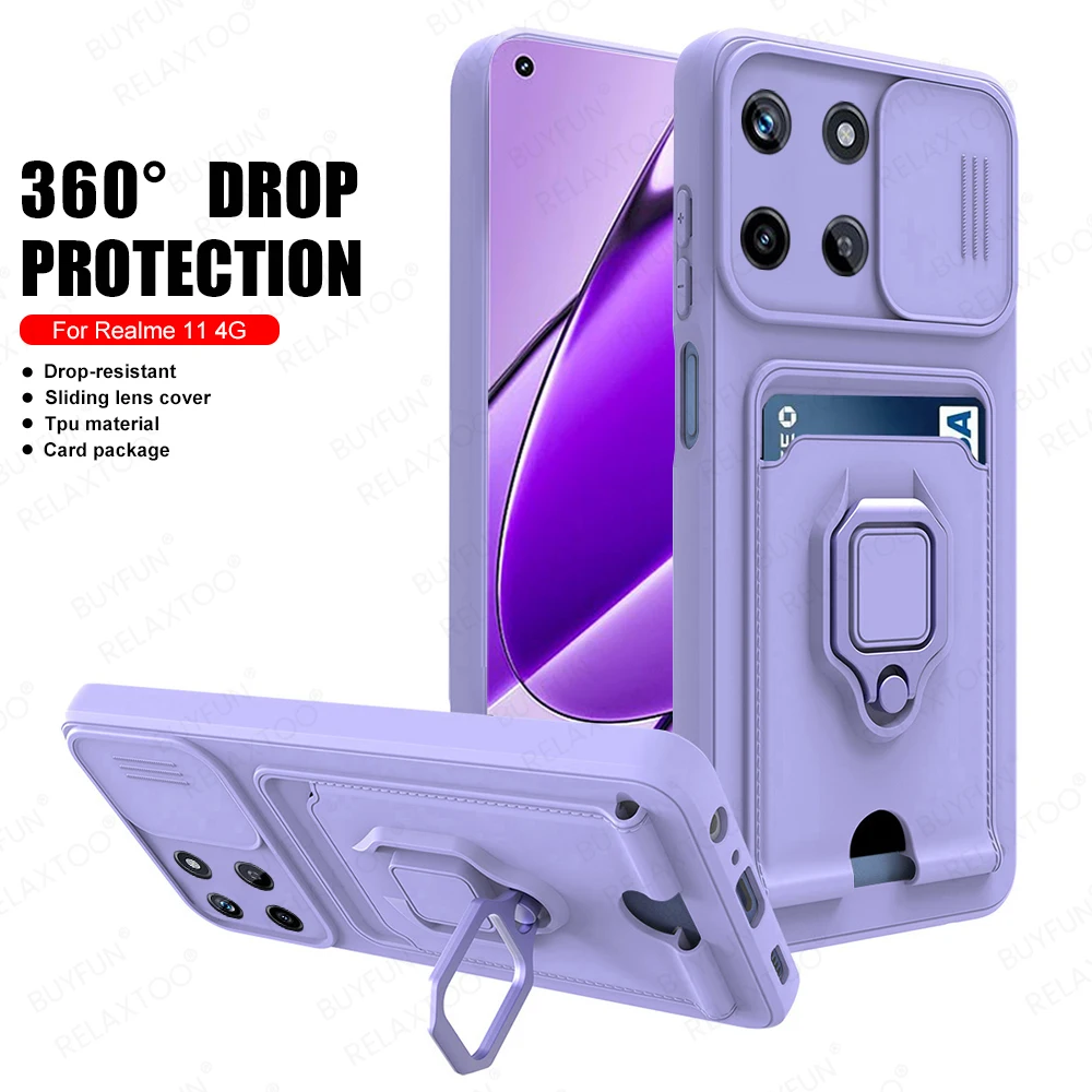 Funda protectora deslizante para cámara, carcasa a prueba de golpes, anillo magnético, soporte con ranura para tarjeta, TPU, suave, para Realme 11 4G
