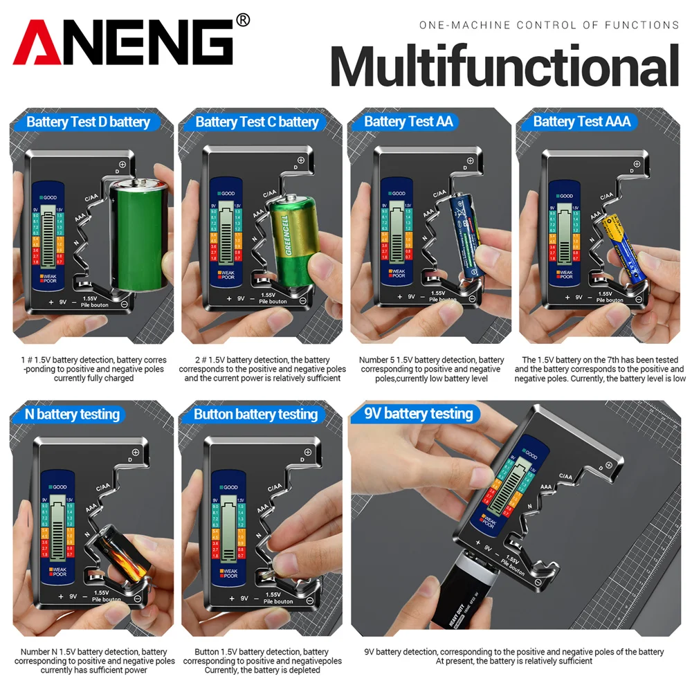 Probador de batería Universal ANENG BT158, comprobador de capacidad de batería Digital AA AAA D N 9V 1,55 V, herramientas de prueba de analizador de carga de pila de botón - imagen 5