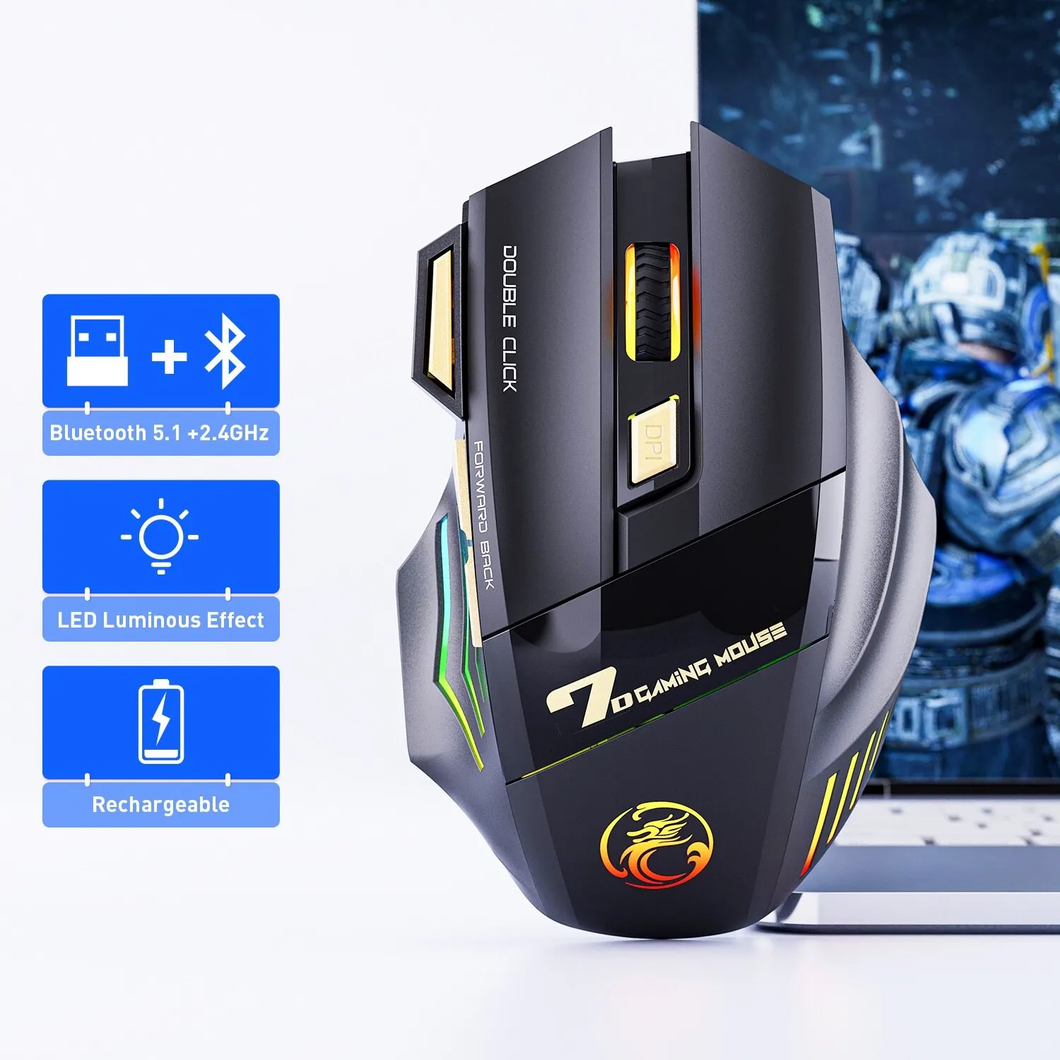 IMICE-ratón inalámbrico para videojuegos, dispositivo con USB, GW-X7, 3200DPI, modo Dual, recargable, 7 teclas, 2,4 Ghz, silencioso, Bluetooth, 7 colores, LED - imagen 2