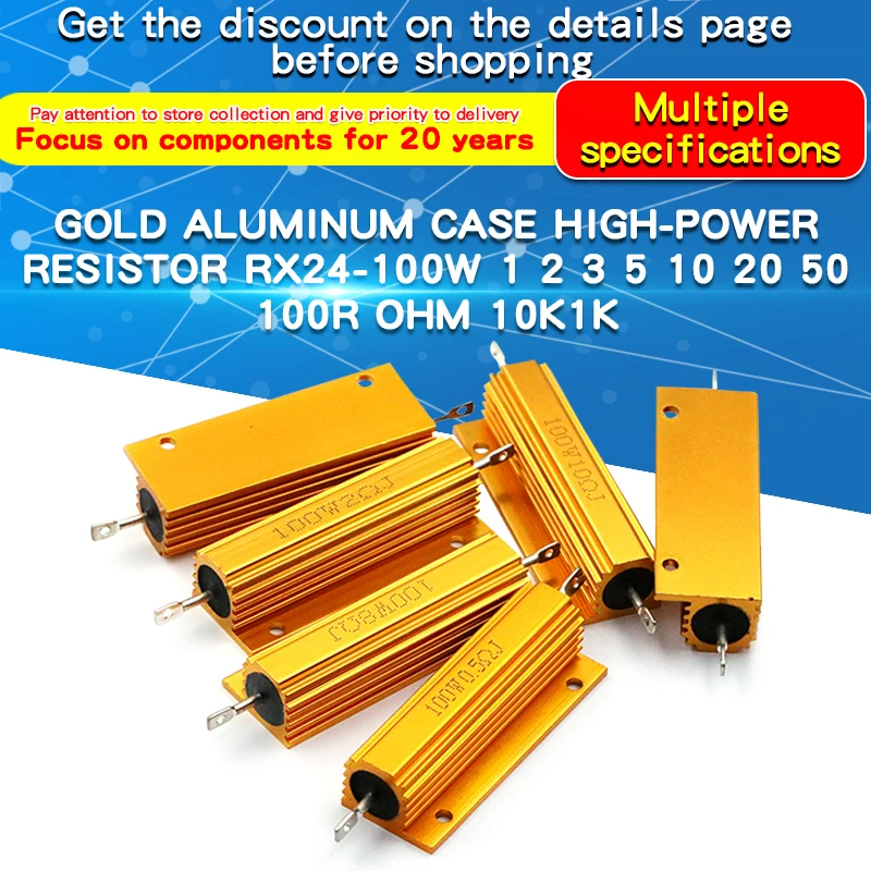 Resistencia de aluminio dorado de alta potencia, 1 piezas, 100W, 0,1 ~ 500Ω, 0,1, 0,2, 0,5, 1, 2, 3, 4, 5, 8, 10, 20, 50, 100, 200, 500 Ohm - imagen 2