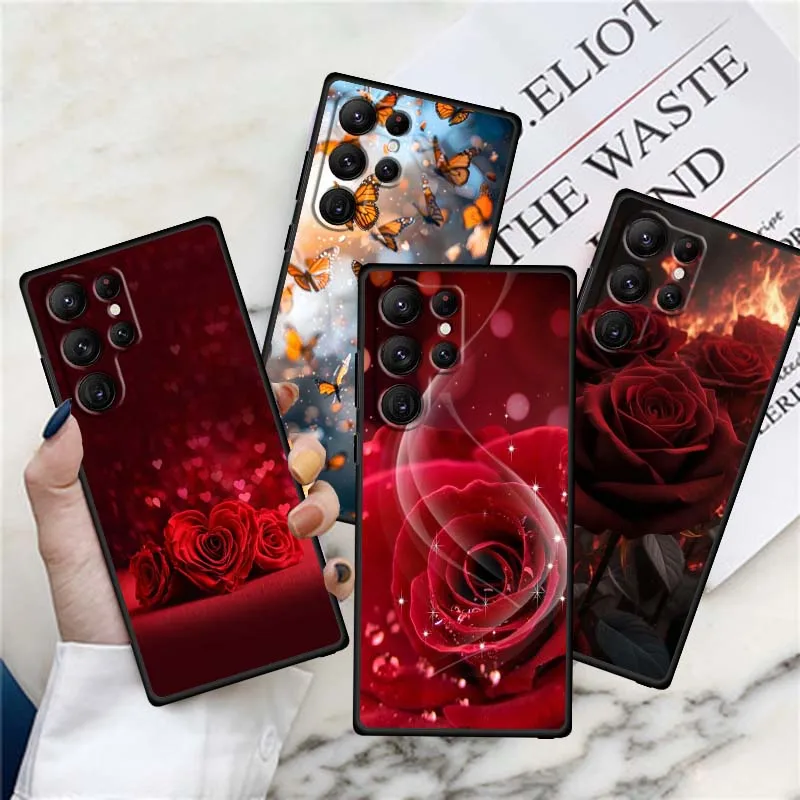 Arte mariposa Rosa flor para Samsung Galaxy S25 S24 S23 S22 S21 S20 S10 Ultra Plus FE 5G negro suave TPU funda de teléfono - imagen 5