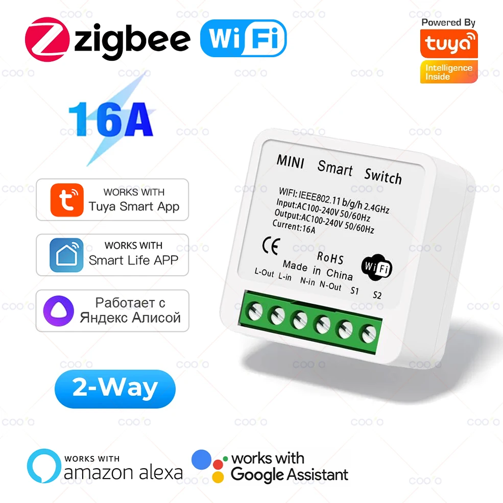 Tuya 16A Mini Wifi/ZigBee módulo de interruptores de luz DIY relé de interruptor de Control bidireccional funciona con Smart Life Alexa Alice Google Home