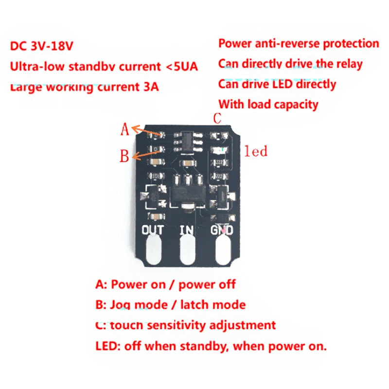 Interruptor táctil capacitivo, módulo de interruptor electrónico biestable, relé LED para Control de luz de potencia de conmutación, 3 pines, CC 3V-15V, 12V - imagen 5