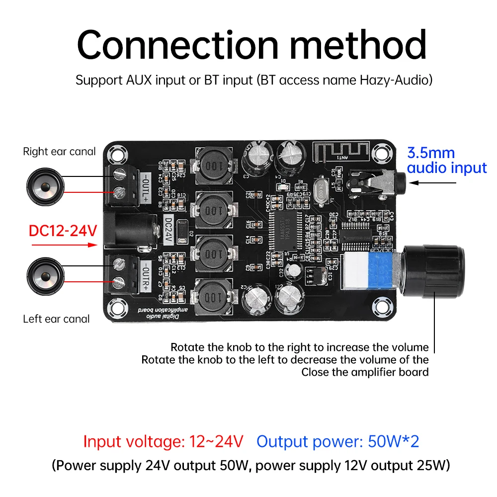 Placa amplificadora de Audio ajustable de alta potencia, DC12-24V de 50W + 50W, TPA3118D2, compatible con BT 5,0, módulo Amp de alta definición, XH-A415 - imagen 2