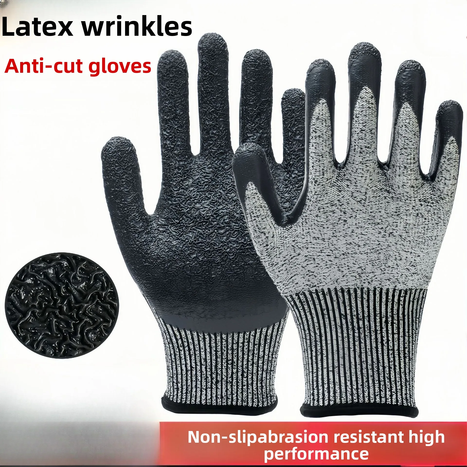 1 par de guantes resistentes a cortes de látex arrugado nivel 5, agarre firme antideslizante, trabajo resistente, recubierto duradero y transpirable