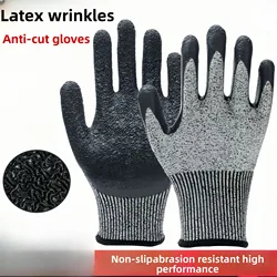 1 par de guantes resistentes a cortes de látex arrugado nivel 5, agarre firme antideslizante, trabajo resistente, recubierto duradero y transpirable