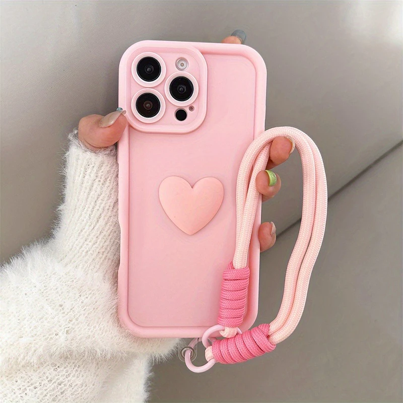 Funda de teléfono suave de silicona con corazón de amor rosa 3D para iPhone 11 12 13 14 15 16 17 Pro Max 16E XS XR X 7 8 Plus con cubierta de cuerda con cordón - imagen 3