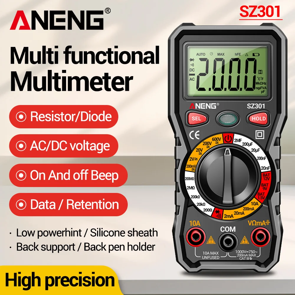 ANENG-multímetro Digital SZ301, multirango, voltaje CA/CC, resistencia de corriente, medidor de corriente Ohm automático, herramientas de prueba de capacitancia