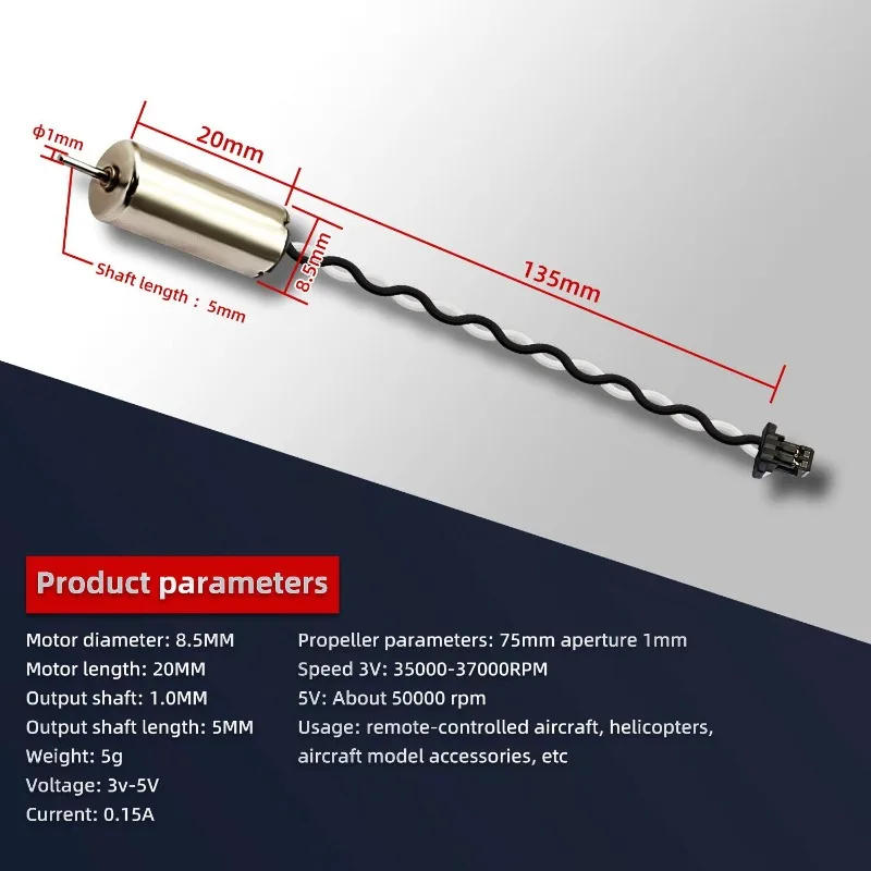 8 Uds 8520 Motor 8,5x20mm Motor cepillado sin núcleo 3,7 V 53000Rpm Mini motores de CC con conector para DIY Micro Quadcopter RC Drone - imagen 2