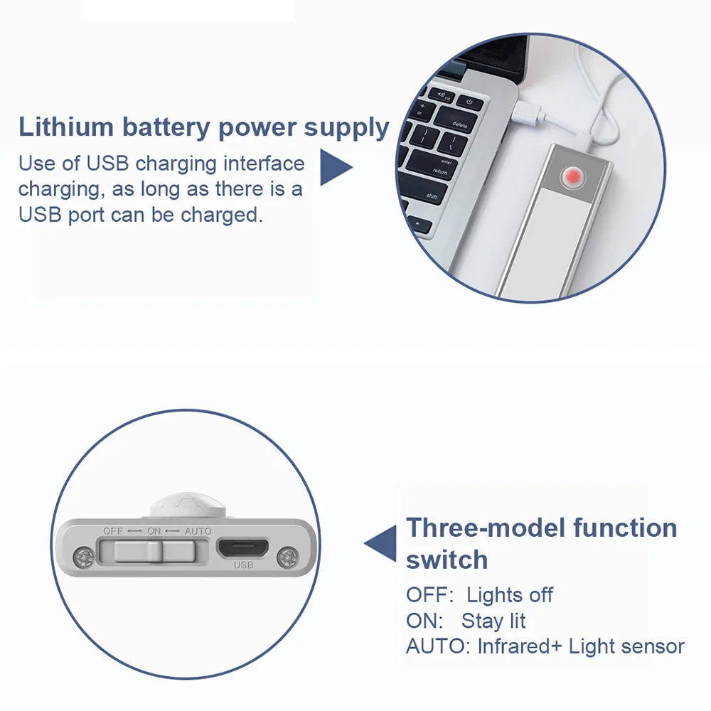 Luz LED nocturna con Sensor de movimiento del cuerpo humano, lámpara nocturna inalámbrica, recargable por USB, iluminación para dormitorio, escalera, pasillo, armario - imagen 5