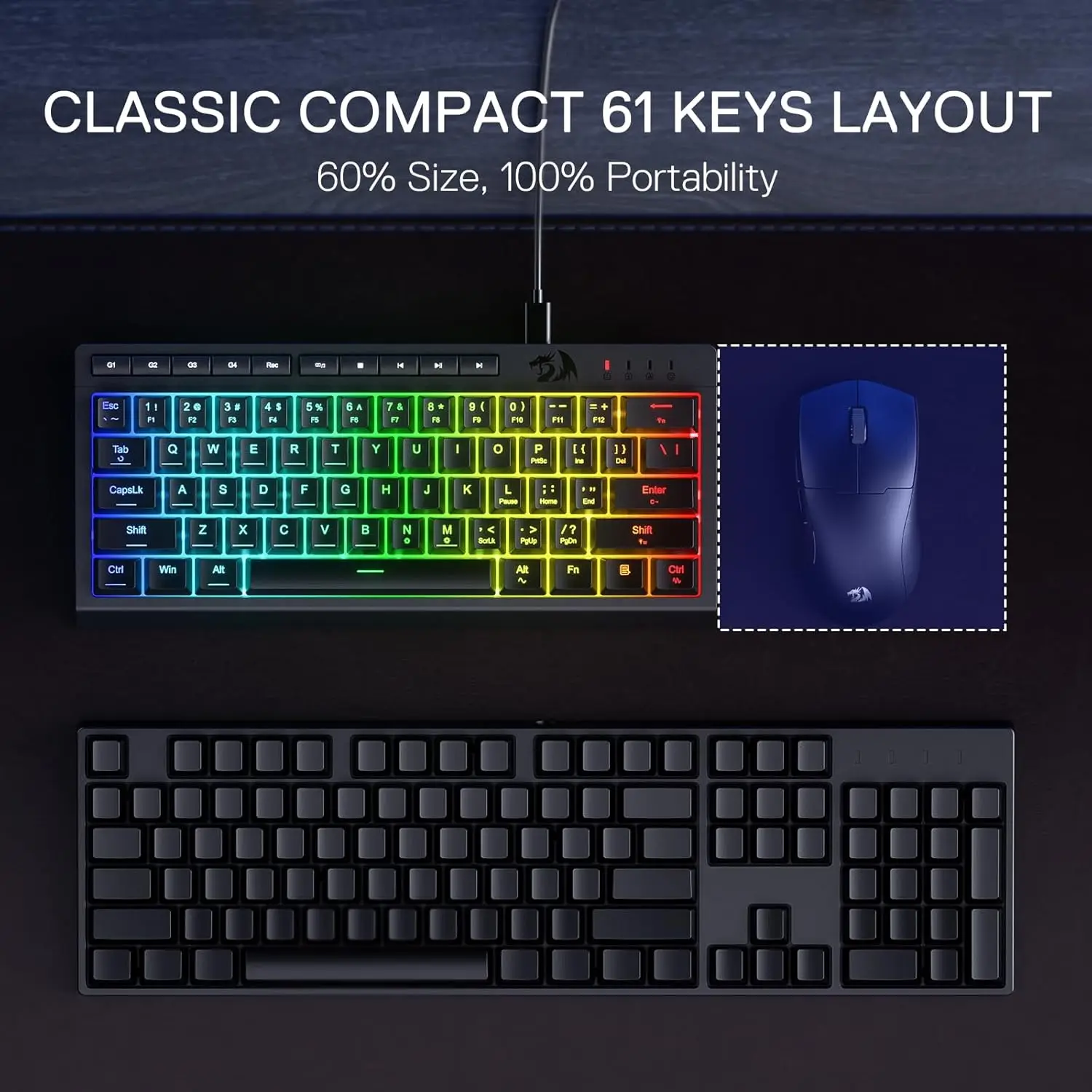 Redragon K522 Teclado para juegos de membrana RGB con cable al 60%, interruptor de sensación mecánica lineal compacto de 61 teclas - imagen 5