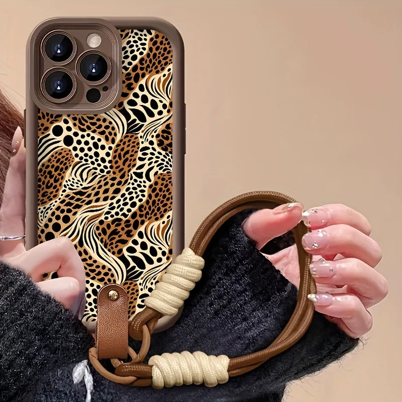 Funda de teléfono con correa de cordón suave con estampado de leopardo para iPhone 11 12 13 14 15 16 17 Pro Max 16E 17 Air 7 8 16 Plus