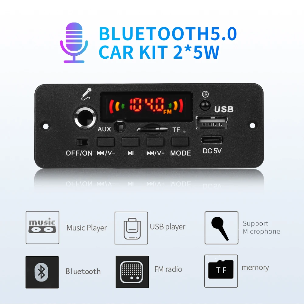 Placa decodificadora de MP3 para coche, reproductor de Audio con Bluetooth 5,0, amplificador de 10W, módulo DIY, Radio FM, TF, grabación USB, micrófono de llamada manos libres - imagen 2