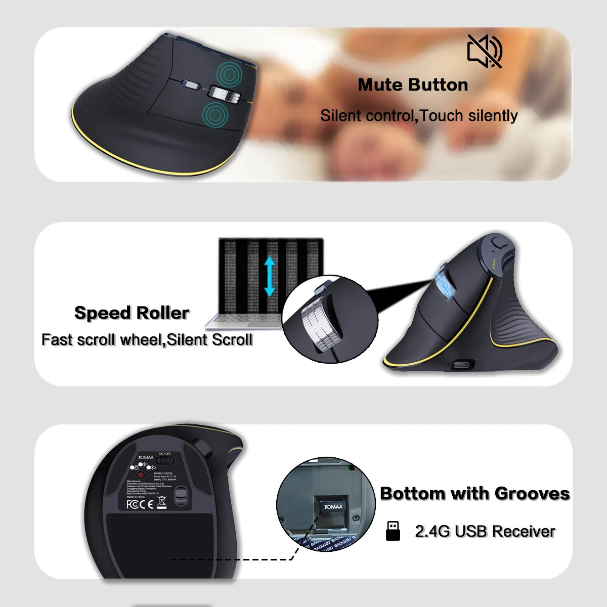 Jomaa Ratón ergonómico de mano derecha Disparo de muñeca reducido Ratón inalámbrico vertical Bluetooth con rodillo de velocidad para computadora portátil ipad - imagen 4