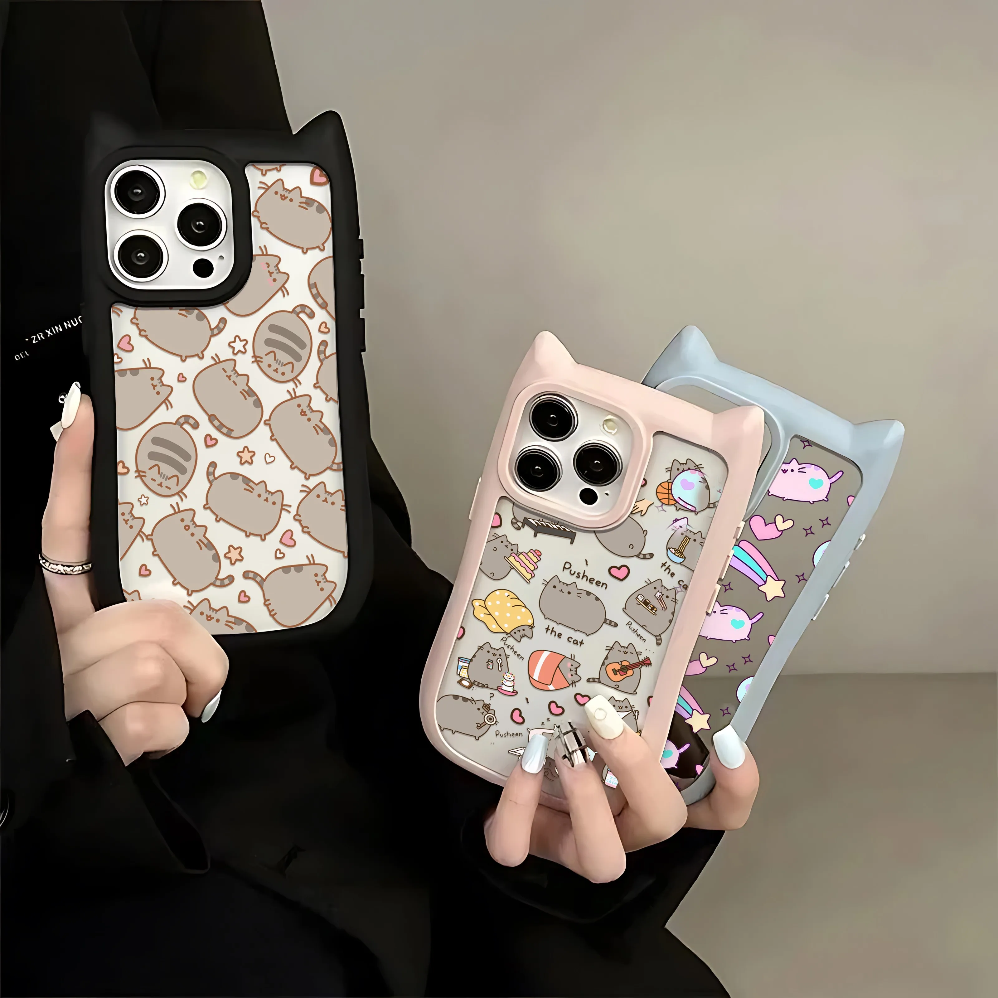 Funda de teléfono P-Pusheens con diseño de gato de dibujos animados para iPhone 16 15 14 13 12 11 Pro Max, parachoques de silicona suave acrílico duro transparente - imagen 3
