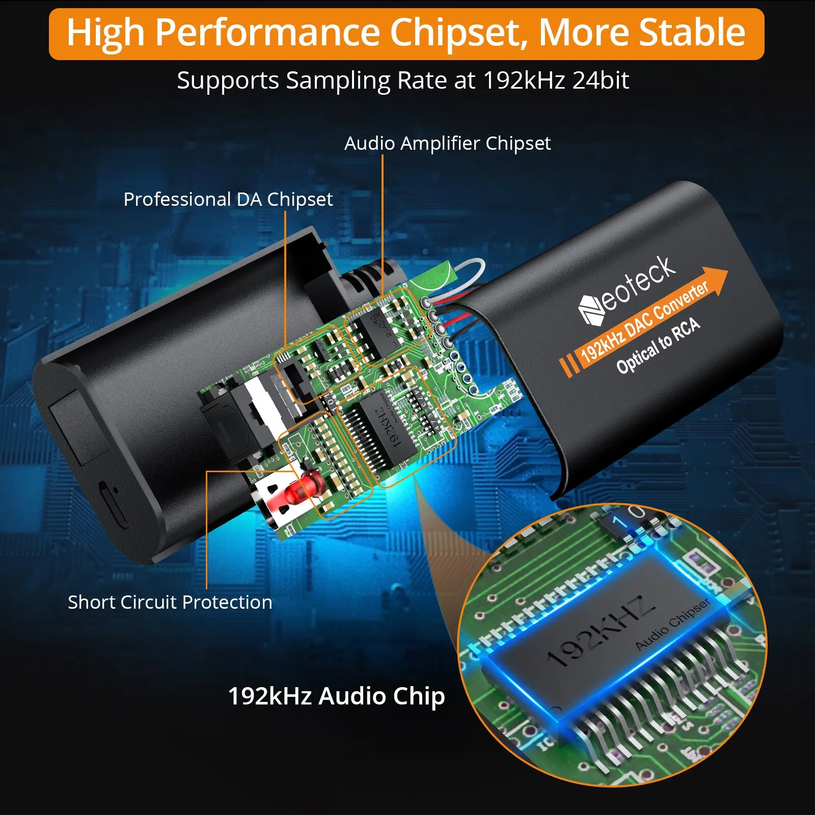 Neoteck-Convertidor de Audio Digital a analógico, adaptador de Audio óptico Toslink a RCA, conector macho, convertidor DAC, 192kHz - imagen 2