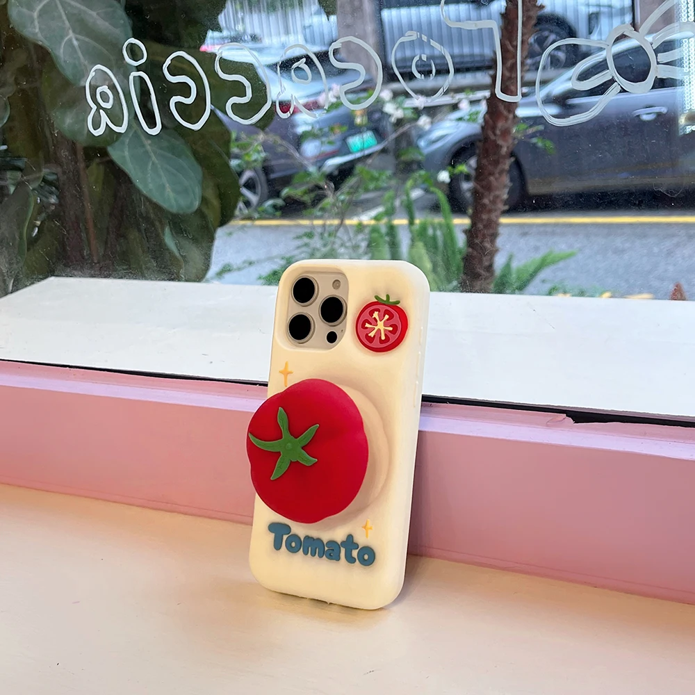 Bonita funda de teléfono con soporte telescópico de tomate rojo para IPhone 16 16Pro 14 15 17 Pro Max 13 Pro, funda de silicona a prueba de golpes - imagen 3