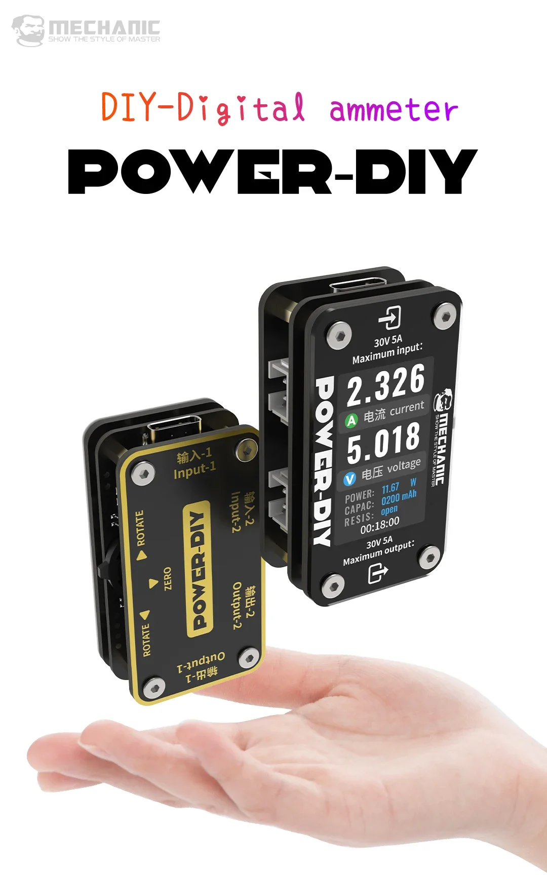 Amperímetro Digital DIY de potencia mecánica, prueba de voltaje móvil multifuncional, amperímetro Digital DIY, herramientas de prueba de pantalla giratoria