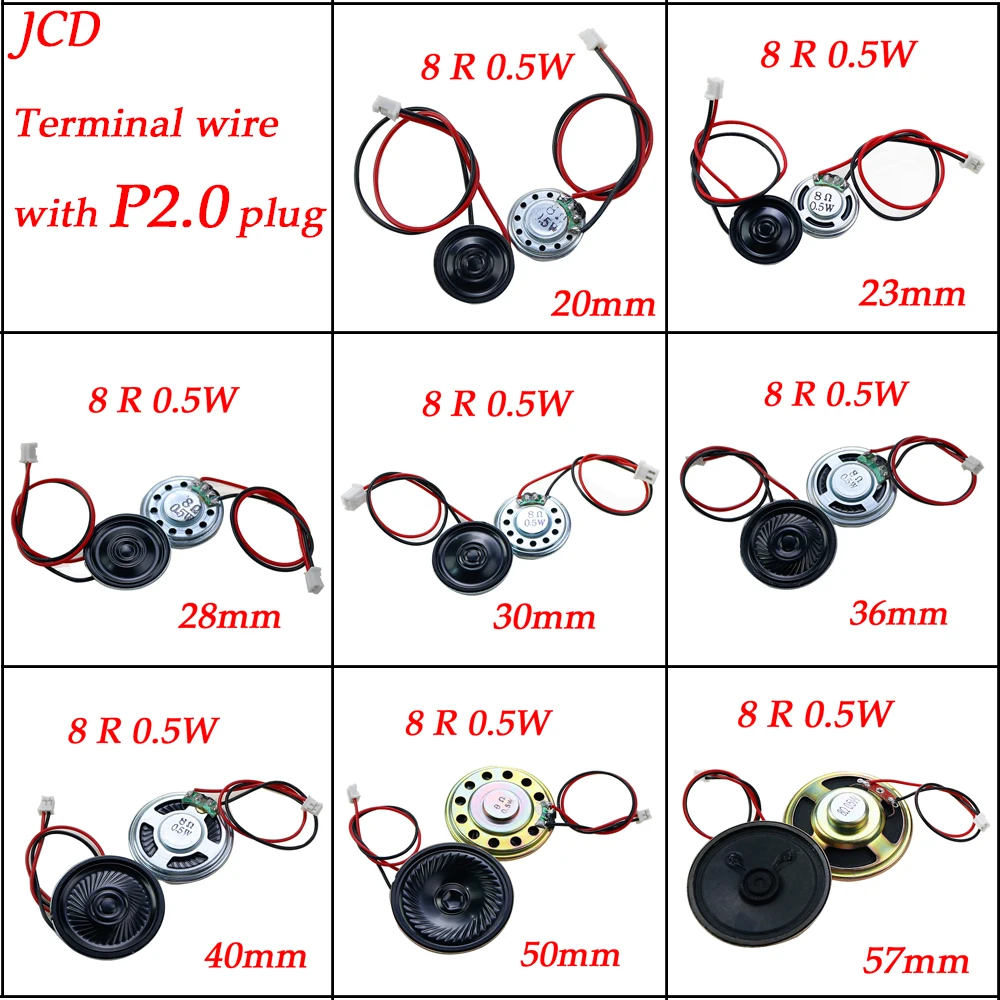 1 altavoz ultradelgado de 8 ohmios, diámetro de 0,5 vatios, 20MM, 23MM, 28MM, 30MM, 36MM, 40MM, 50MM, 57MM, con conector P2.0, longitud de cable de 15CM