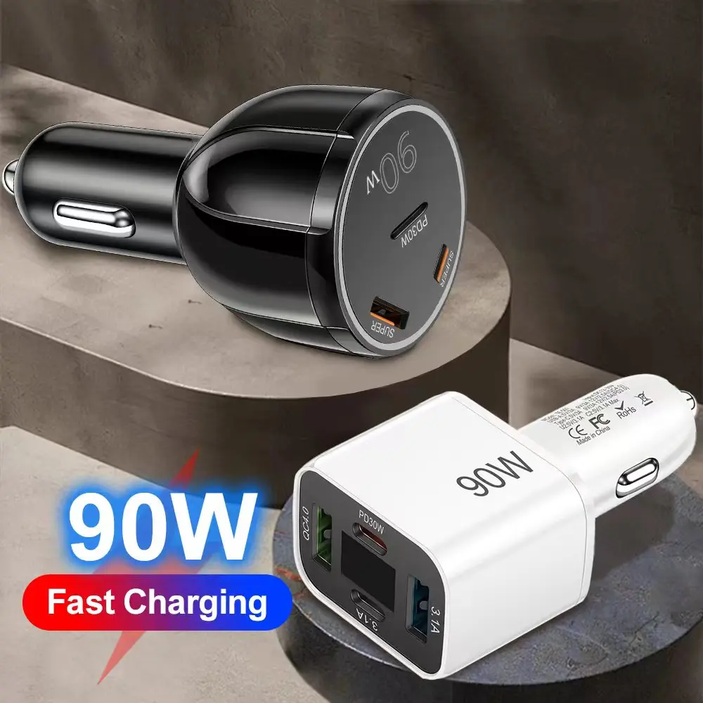Cargador de coche 90W 3 en 1 QC3.0 PD tipo C USB teléfono móvil carga rápida para IPhone Xiaomi Samsung adaptador de cargador rápido de coche