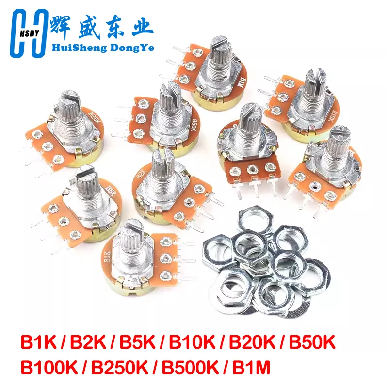 Kit de potenciómetro WH148 1K 2K 5K 10K 20K 50K 100K 250K 500K 1M 15mm juego de potenciómetro giratorio cónico lineal de 3 pines con tapa de perilla - imagen 3