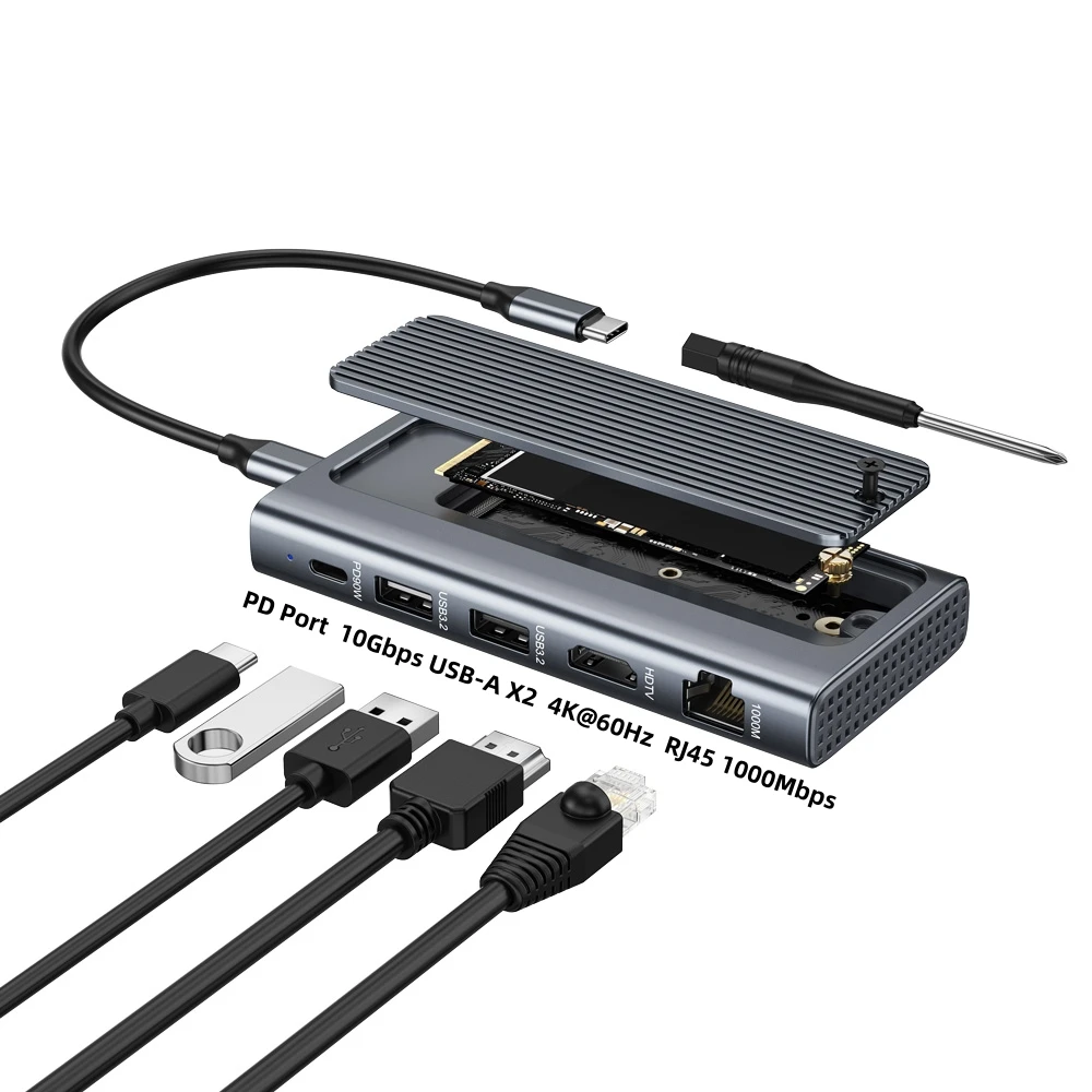 Carcasa M.2 SSD 6 en 1 USB C Hub compatible con HDMI 2,0 10G USB-A RJ45 Gigabit Ethernet adaptador para transferencia y pantalla de datos de ordenador portátil - imagen 2