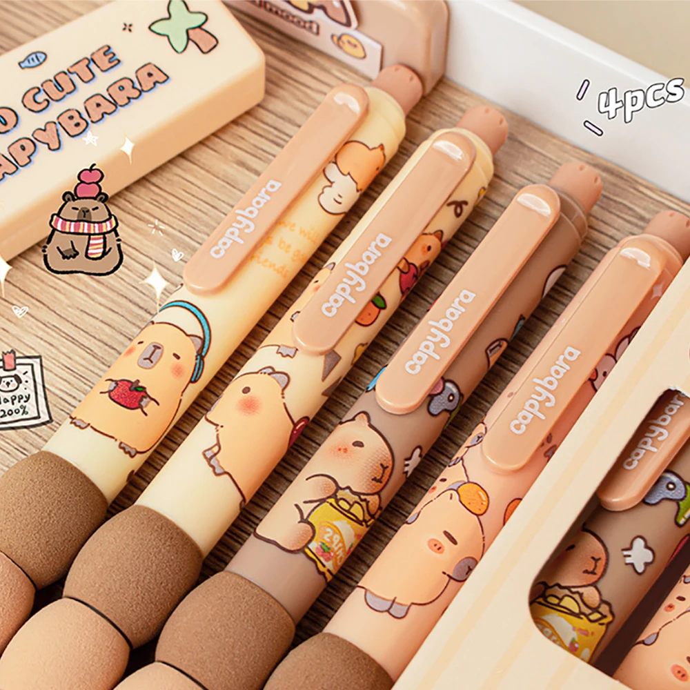 Bolígrafos de Gel borrables de capibara, dibujos animados, Kawaii, escritura de secado rápido, bolígrafos neutros suaves y elegantes, papelería estética, 4 Uds. - imagen 3