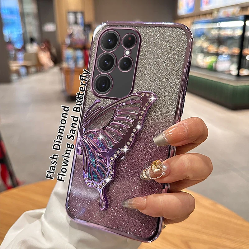 Soporte de teléfono con mariposa de arena líquida 3D, funda chapada con purpurina para Samsung Galaxy S25 S24 Plus S23 FE S22 Note 20 Ultra S20 S21 FE - imagen 4