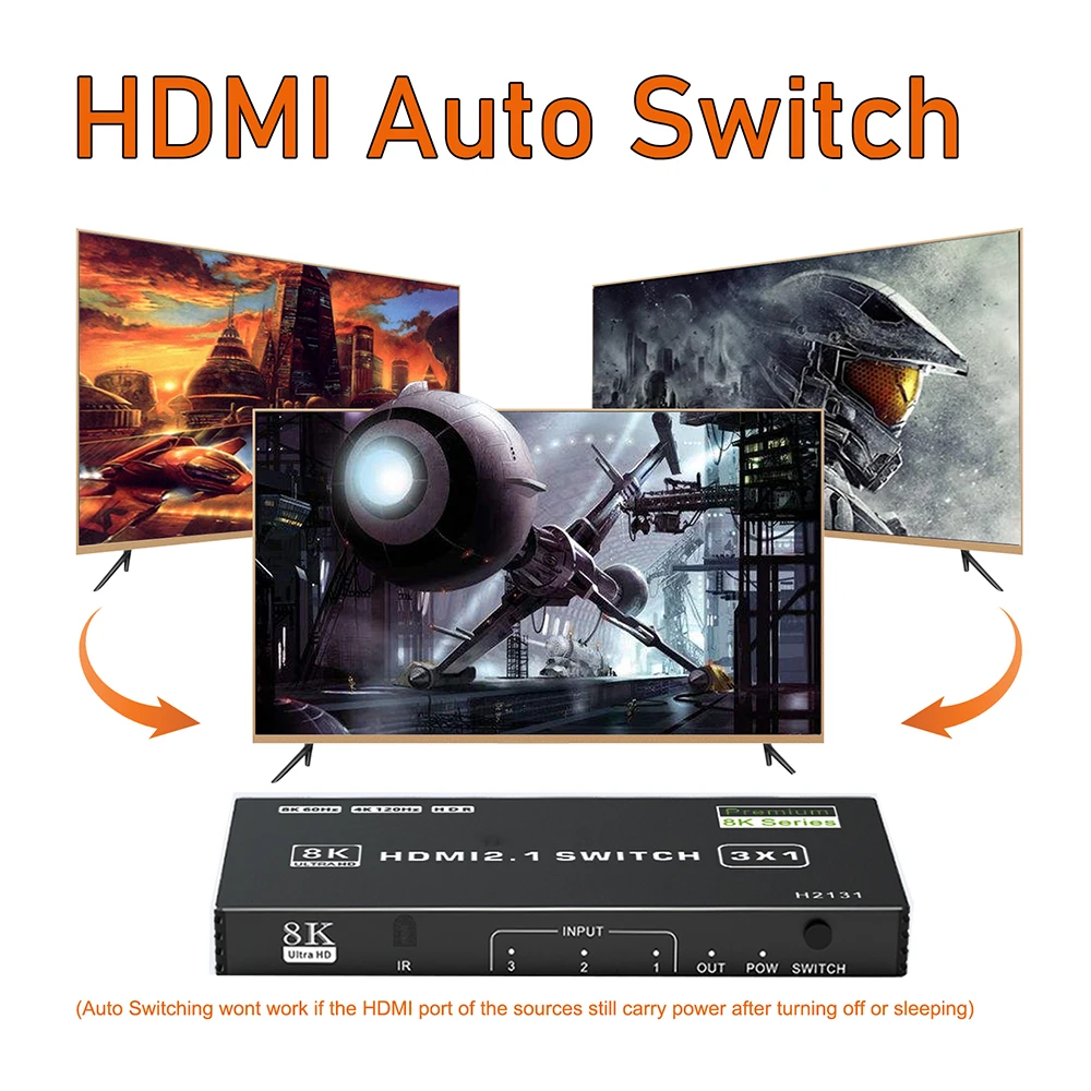 Conmutador HDMI 2,1 4K 120Hz HDR 60Hz 4K/8K HDMI Auto Switch 3 en 1 salida HDMI Switcher Slector Hub Switch HDMI con control remoto para PS5 Xbox - imagen 5