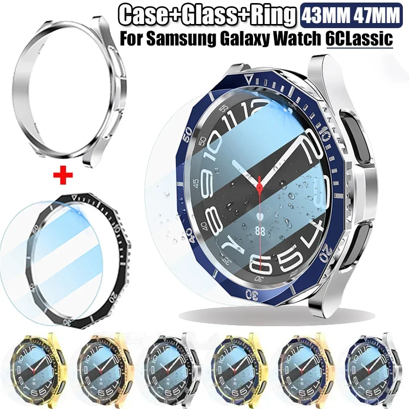 Bisel + película de vidrio templado para Samsung Galaxy Watch 6 Classic 47mm 43mm parachoques 3 en 1 funda Galaxy 6 Classic 47MM Protector de pantalla