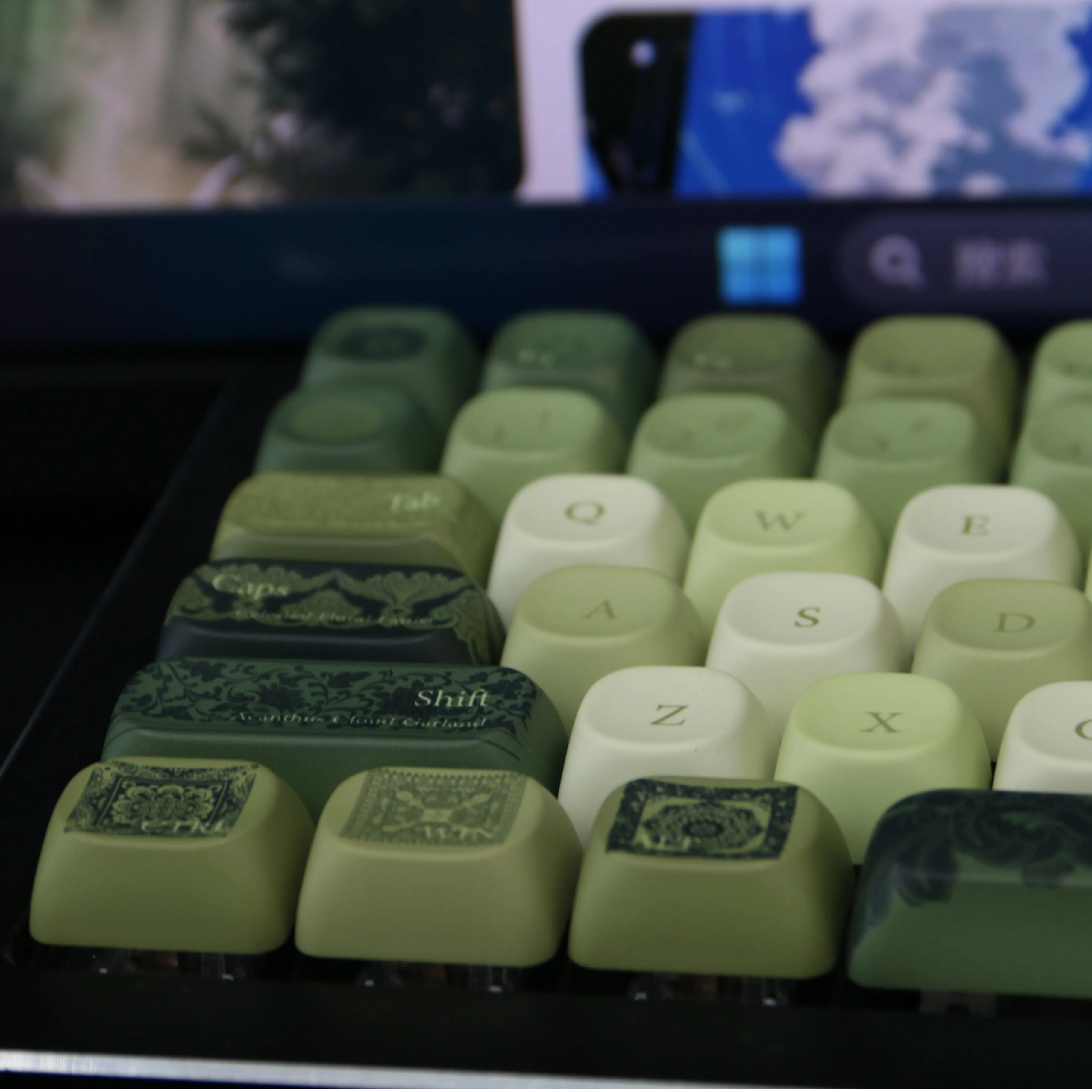 Juego de teclas con tema de patrón verde, teclas PBT MOA Cherry Profile personalizadas originales hechas a mano para accesorios de teclado mecánico DIY - imagen 5